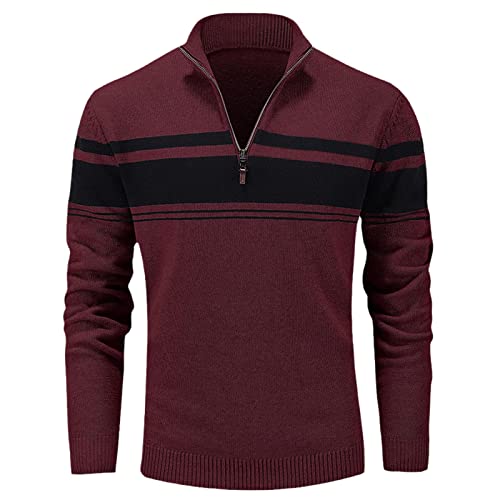 Pull homme col roulé chaud à fermeture éclair fine maille rouge vin XL décontracté