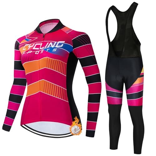 Abbigliamento Ciclismo Donna Completo Bici MTB Invernale Tuta Ciclista Termico Vello,Maglietta Bicicletta Giacca Manica Lunga e Salopette Pantaloni con 19D Gel Imbottiti,Completi Maglia Ciclo|10,XXL