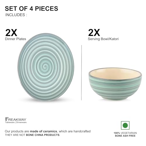 Image of Freakway Handcrafted 'Sea Swirls' Ceramic Dinner Set of 4 Pieces | 2 Ceramic Dinner Plates 10 Inches with 2 Serving Bowl Set | Microwave and Dishwasher Safe - Green