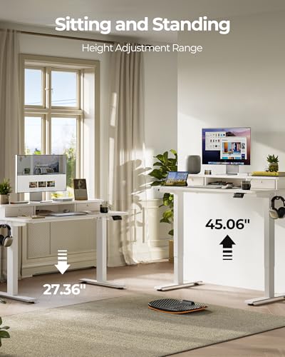 Image of FEZIBO 55 x 24 Inch Height Adjustable Electric Standing Desk with Double Drawer, Stand up Home Office Computer Desk with 4 Height-Adjustable Feets & 2 Hooks, White