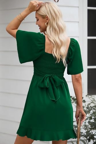 Dokotoo Women'S Wrap V Neck Short Flared Sleeve Smocked Elastic Waist Tiered Belted Ruffle Hem Party Short Dress Wedding Guest Dress Green M thumb #3