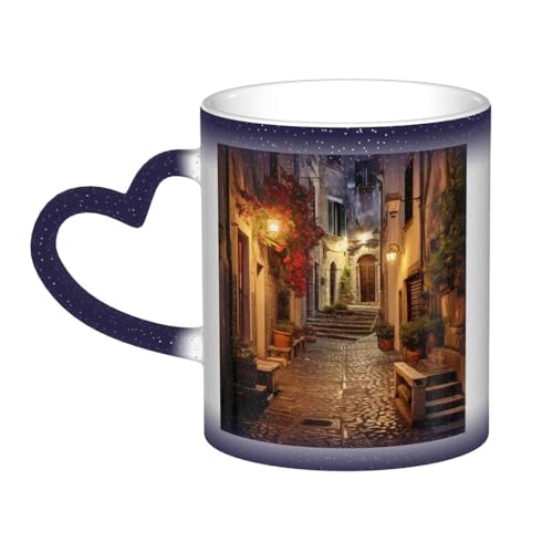 NImongt Taza italiana de cerámica con estampado de calle vieja y cielo estrellado que cambia de color, para casa, oficina, café, regalo, tazas de café de cerámica para cumpleaños
