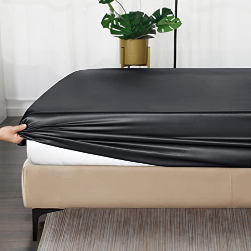 Image of Ersmak Satin Fitted Sheet Only, Luxury Silky King Fitted Sheet Ultra Soft Deep Pocket Bottom Sheet, Wrinkle & Fade Resistant - Black