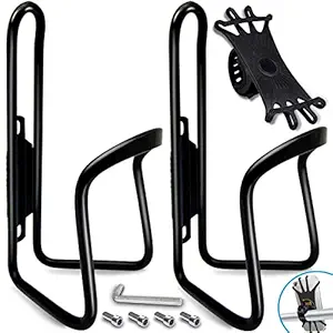 2 Pack-Water Bottle Cages (with Silicone Phone Mount), Upgrade Alloy Aluminum Lightweight Water Bottle Holder Cages Brackets,Bicycle Water Bottle Cage for Road&Mountain Bikes(Drilled Holes Required)