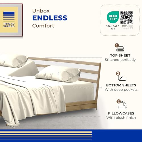 Image of THREAD SPREAD Split King Sheet Set, Luxury 1000 Series Paradise Collection 100% Egyptian Cotton Split King Sheets Sets for Adjustable Bed (5 PC, Ivory), Soft, 16 inch Deep Pocket Hotel Sheets