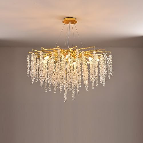 Dazii Crystal Tree Branches Chandeliers Gold Luxury Round Raindrop Pendant Light Fixture Ceiling Hanging Light for Dining Room Bedroom Living Room Entryway D80CM Gold