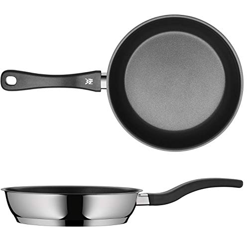 Foto von WMF Premium Induktion Pfannenset 3 teilig, 24 + 28 cm Antihaft Pfanne + Jamie Oliver Glasdeckel 28cm, für schonendes Braten, Induktionsherd geeignet Cromargan Edelstahl, ergonomischer Kunststoffgriff