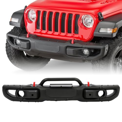 KPJYATUO Front Steel Bumper Compatible with 2018-2025 Jeep Wrangler JL & 2020-2025 Jeep Gladiator JT 10th Anniversary Style 2/4-door Models Black Front Bumper