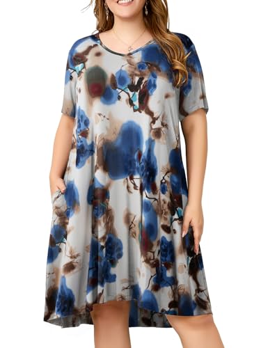 Image of OVERWORETY Womens Short Sleeve Plus Size T-Shirt Dress V Neck Casual Loose Swing A-Line Summer Tunic Dresses with Pockets