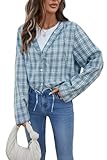 olrain Women Plaid Shirt Classic Long Sleeve Button Down Hoodie Roll Up Drawstring Casual Spring Fall Blouse Top (Blue, X-Large)