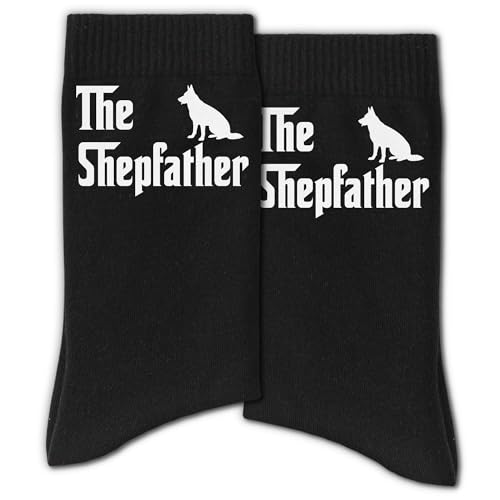 RZQIJ Funny Dog Dad Socks – The Shepfather Sign Black Crew Socks for Men – Unique German Shepherd Dad Gift for Dog Lovers – Comfy Novelty Sock for Fathers(165)