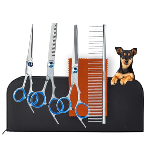 Image of Amazon Basics Dog & Cat Grooming Kit - 4-Piece Stainless Steel Set with Thinning Shear, Trimming Scissors, Curved Scissors & Grooming Comb - All-in-One Pet Grooming Set