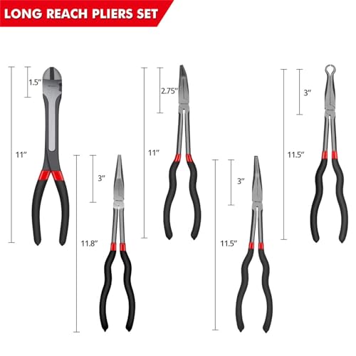 Image of TOOLEAGUE 5Pcs Extra Long Needle Nose Pliers Set, 11 inch Long Reach Straight,45 /90 Degree Bent Nose,Diagonal Pliers and O-shape Tip Craft Repairing Tool