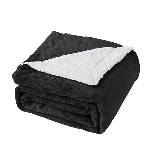 Good Nite Blanket 130x150cm Reversible Sherpa Fleece Fluffy Polyester Throw Blanket Soft and Warm Bed Blankets for Home life and Travel Machine Washable (Black,Single)