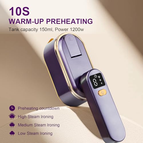 Travel Clothes Steamer Portable Iron, LCD Screen 2 in 1 Handheld Steam Clothing Wrinkles Remover for Garments, 3 Steam Levels, 10S Fast Heat-up, 150ML Water Tank, Iron - Image 2
