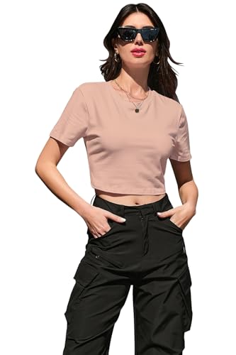 Image of Betusline Girls & Women Basic Summer Short Sleeve Slim Fit T-Shirts Soft Crewneck Crop Y2k Tee Cute Gym Fashion Clothes