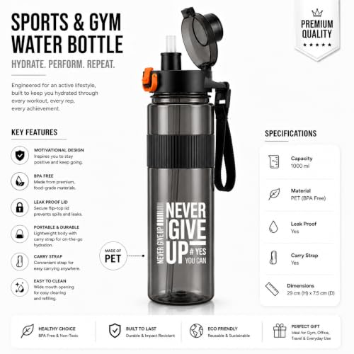 Image of Sports Water Bottle with Straw & Carry Strap | Leakproof BPA-Free Gym Bottle | Flip Lock Lid | MOTIVATIONAL NEVER GIVE UP BOTTLE | Office, School, Gym & Travel (Black)