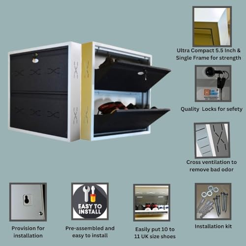 Image of I Metal Shoe Rack I Slim and Wall Mounted I 2 Shelves (Grey Colour) I Coad LC 2L-02 GR I Height 30 Inches, Width 29 Inches, Depth 5.5 Inches I 3 Years Warranty.