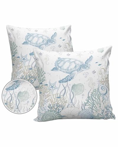 Coastal Turtle Outdoor Pillow Cover 24x24 Inch Cushion Sham Case,Waterproof Decorative Square Throw Pillowcase for Garden Patio Couch Chair Tent Turquoise Brown Seahorse Starfish Conch Tropical Fish