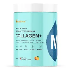 MyFitFuel Hydrolyzed Marine Collagen with Glucosamine, Hyaluronic Acid, Biotin, Zinc & Vitamin C | For Skin, Hair, Nails & Joints (Orange, 200 gm)