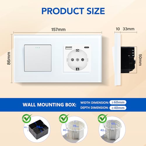 BSEED Lichtschalter mit Steckdose 1 Fach 2 Wege,Wandschalter mit 16A Schuko Steckdose mit USB Anschluss (Max. 2.1A) Typ C Port Weiß,Physische Unterputz Wechselschalter mit Steckdose- 157mm