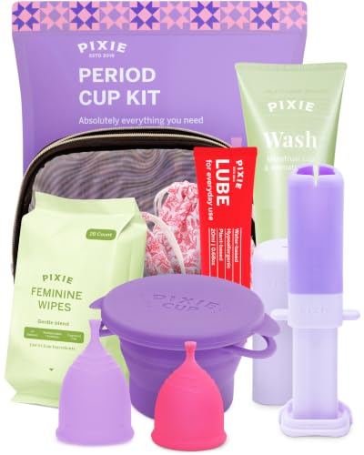Pixie Cup Zestaw menstruacyjny – najlepszy zestaw startowy do kubków okresowych – 2 kubki, pranie, 20 chusteczek, lubrykant, publiczna toaleta i torba do przechowywania – sprawdzony jako to, czego