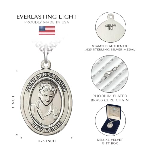 Women's Sterling Silver Saint Carlo Acutis Oval Medal Pendant on 18" Rhodium Plated Lite Curb Brass Chain Necklace– Patron Saint of Internet,Catholic Spiritual-Velvet Gift Box– Made in USA4