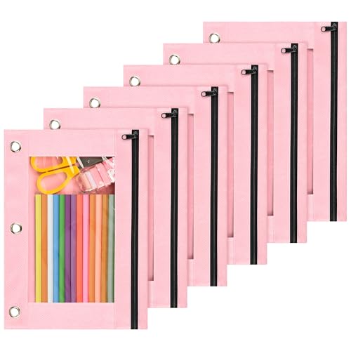 Image of Lanpn Pencil Pouch for 3 Ring Binder 6 Pack, Pink Binder Pen Bags with Zipper, Cute 3 Holes Pencil Pouches Organizer for Boy Girl Kids School Student, Reinforced Grommets & Clear Window