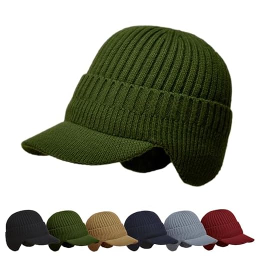 Fresheight Hemzira Bonnet tricoté élastique chaud avec bord et cache-oreilles pour homme et femme, vert militaire, Taille unique