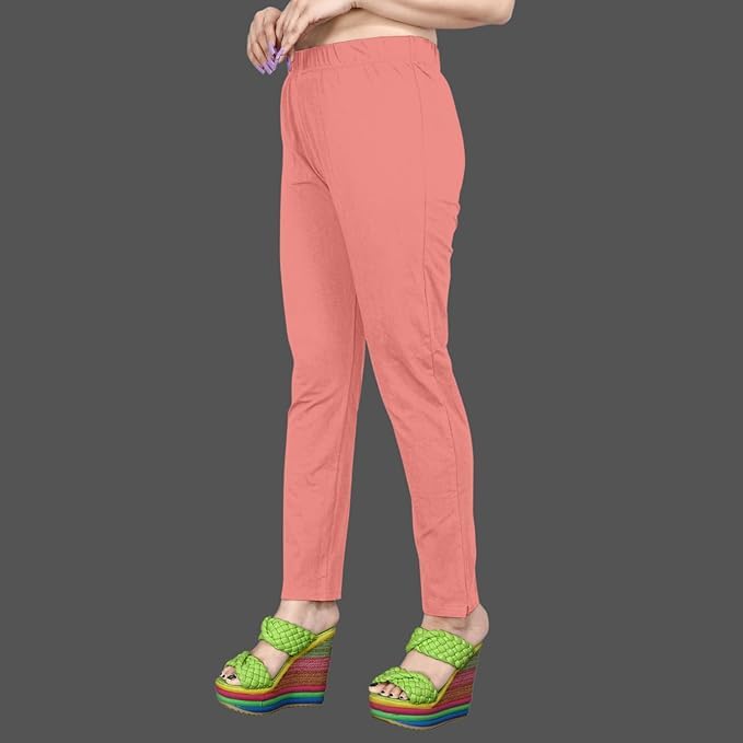 Image of Women's Solid Cotton Lycra Pants-High Waist Slim Fit Stretchable Leggings - Comfortable Long Trousers for Casual, Office & Everyday Wear
