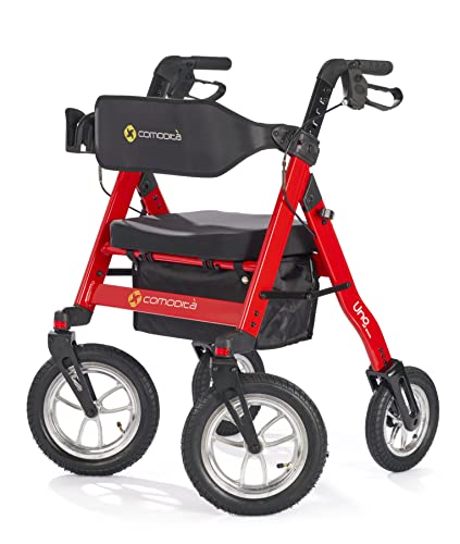Comodità Uno All Terrain Rolling Walker With Pneumatic Tires, Wheeled Rollator With Orthopedic Extra Wide Seat And Brakes For Adults And Seniors, Easy Folding, 4 Wheel, Modena Red #TOP2