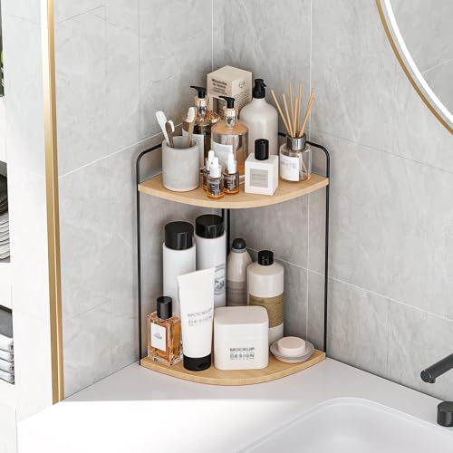Image of Forest Angle Bathroom Counter Organizer,Countertop Organizer,Vanity Organizers,Bathroom Storage,Bathroom Sink Caddy,Counter Shelf,Corner Counter,Corner Shelves(Black-Burlywood)
