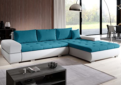 FURNIX Ecksofa ARZO mit Schlaffunktion und Bettkasten - Couch L-Form Sofa mit Kissen - Stellfüße in Chromoptik - B314 x H85 x T210 cm, Liegefläche: 255 x 150 cm - MA120-OR85 (Weiß-Blau) Cover