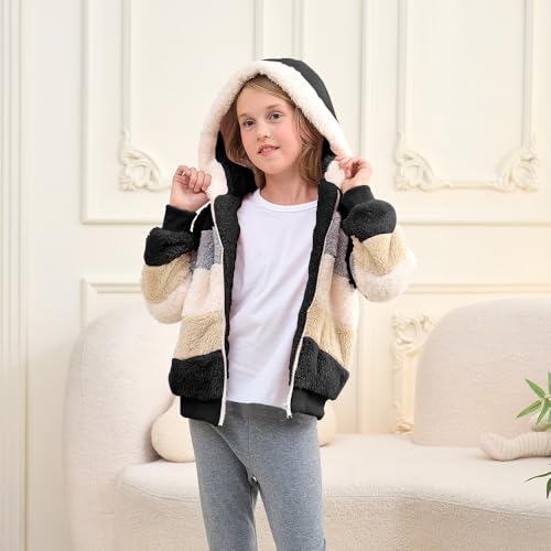 Image of Girls Zip up Hoodie Kids Fuzzy Fleece Jacket with hood Fall Winter Contrast color Pullover Sweatshirt 4-14 Years