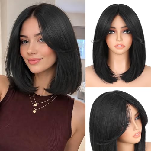 Lady Miranda 12 Inch Bob Wig with Curtain Bangs Short Straight Black Bob Wig with Bangs Natural-Looking Synthetic Wig Daily Wear and Go Wigs for Women (Black)