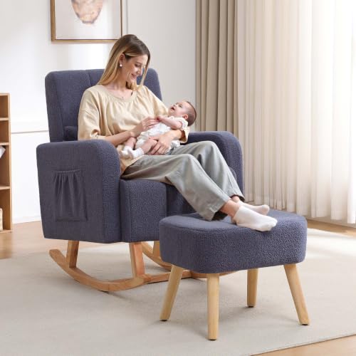 Image of HCHAIRH Nursing Rocking Chair with Ottoman, Upholstered Glider Rocker with High Backrest and Side Pocket, Comfy Reading Chair with Solid Wood Legs for Nursery, Living Room,Bedroom Dark Grey
