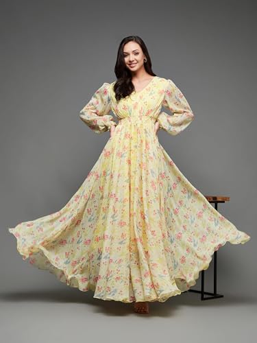 Image of Miss Chase Women's Multicolored-Base-Brown Relaxed Fit Maxi Lurex Chiffon Dress