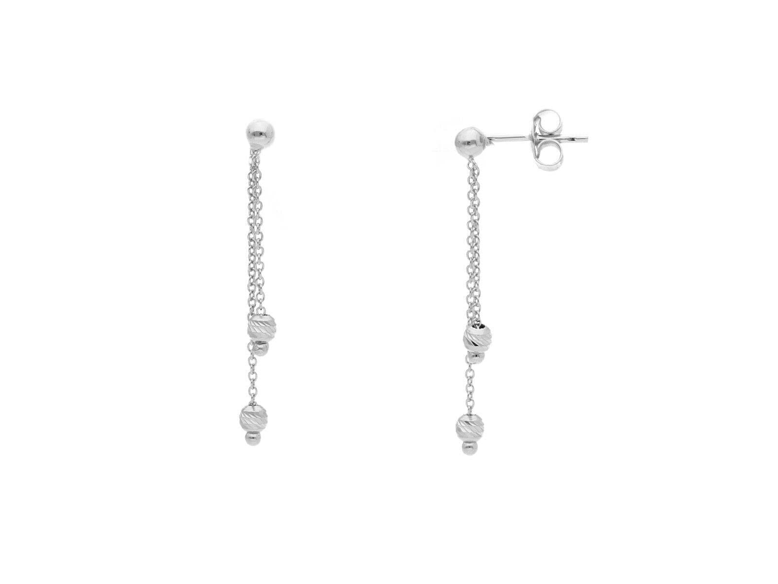 ORECCHINI PENDENTI IN ORO BIANCO, 750, 18K, CON DOPPIA SFERA LAVORATA DA 2.5 MM LUNGHEZZA 33 MM MADE IN ITALY.