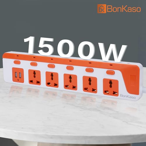 BonKaso 5-Socket Power Strip with Dual USB - 5 AC Sockets, 2 USB, 1.5m Cord Length, 1500 W, Compact 26cm Size, Ultra-Light 500g (White & Orange) - Image 4
