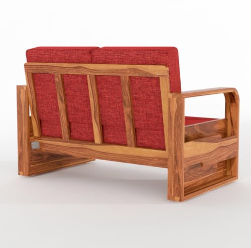 Image of Solid Sheesham Wooden 4 Seater Sofa Set for Living Room | Sofa Set with Side Pocket Storage & Cushion | Rosewood Sofa Set for Home (Honey with Red Cushion, 4 Seater)