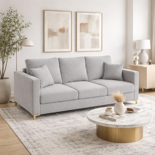 Image of Hayes Rich Velvet Suede 3 Seater Sofa | Golden Aesthetic Legs | Spacious Soft Touch Comfort Seating | Modern Luxe Sofa for Living Room (Light Gray)