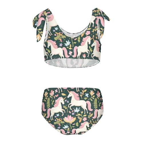 Wusikd White Unicorns Girls Swimsuits Two Piece Green Leaves Flowers Swimwear Bikini Set for for Girls Size 3T2