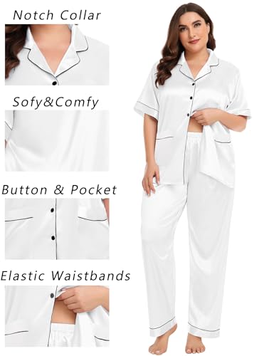 Image of SWOMOG Women's Plus Size Pajamas Silk Satin Pajama Set Short Sleeve Shirt with Full-Length Pants Pjs Sleepwear Set 18W-26W