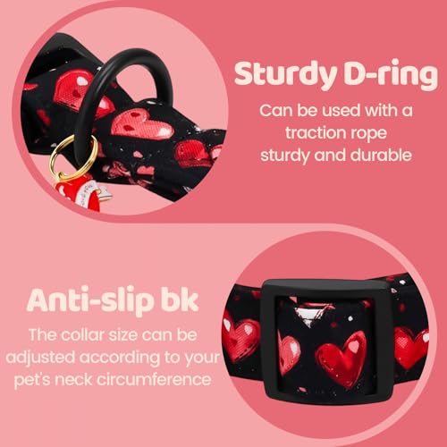 Image of Valentine's Black Base Red Heart Dog Collar for X-Small Dogs | Valentine Pet Outfit,Wedding,Anniversary,Daily Walks,Adjustable,Cotton,Quick Release Plastic Buckle,Pendant,Female /Male Dog