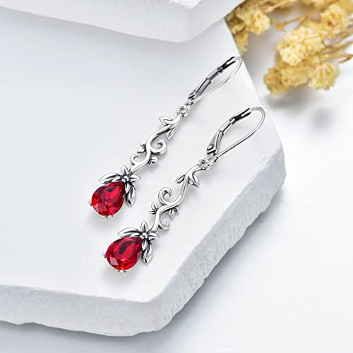Red Earrings For Women 925 Sterling Silver Vintage Oxidized Branches Dangle Drop Leverback Earrings With Simulated Ruby Crystal, Earrings Gifts For Women #TOP2