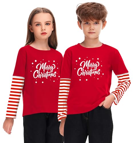 Image of Remimi Unisex Kids Christmas Long Sleeve Shirt Xmas Print Stripe Shirts 2-12 Years