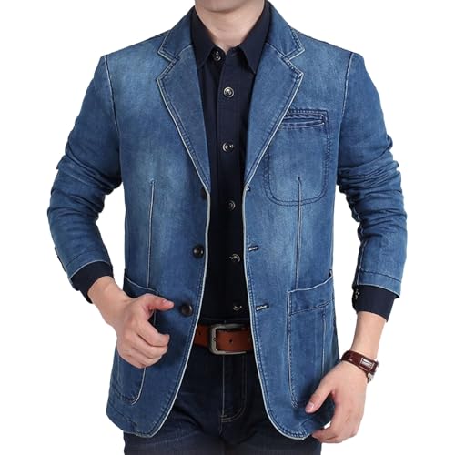 Chaqueta vaquera de corte entallado para hombre, estilo blazer, con cuello entallado, estilo vintage, camionero, azul, talla extragrande.