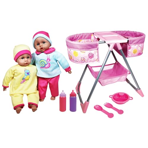 Lissi: Twin Highchair & Baby Dolls Set - Pink & Yellow - Includes 2 14" Dolls & Outfits, Feeding Accessories, Double Seat Highchair, Kids Ages 2+