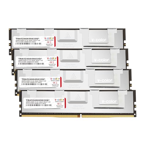 V-Color DDR5 96GB (24GBx4) 6400MHz CL32 3Gx8 1Rx8 OC R-DIMM (Overclocking ECC Registered DIMM) 1.4V Memory Ram for TRX50 Workstation (AMD Expo) (TRA524G64S832Q)