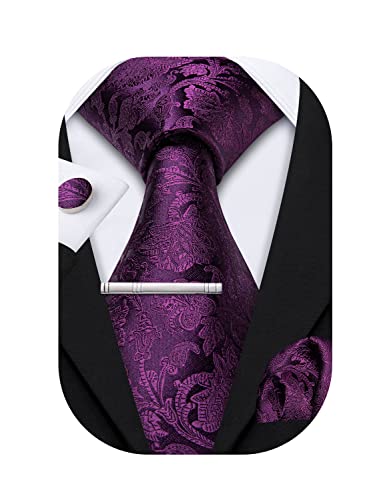 Barry.Wang Cravates d'affaires en soie avec mouchoir de poche et boutons de manchette, ensemble de cravates et accessoires pour mariage festif, violet foncé, taille unique